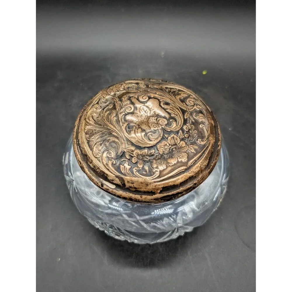 Antique Cut Glass Vanity Jar with Ornate Repousse Floral Metal Lid Starburst